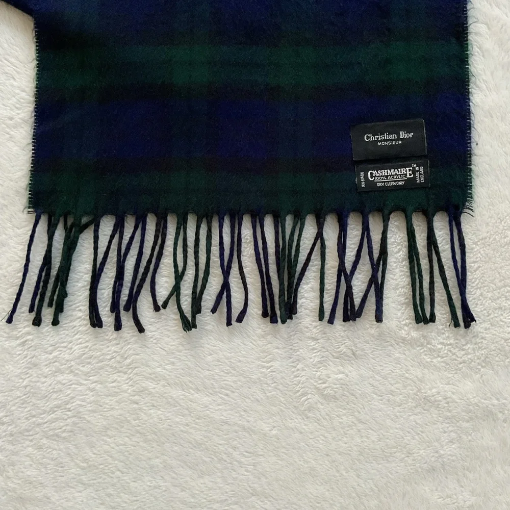 Vintage Christian Dior Monsieur Black Watch Plaid Cashmaire Scarf Made England